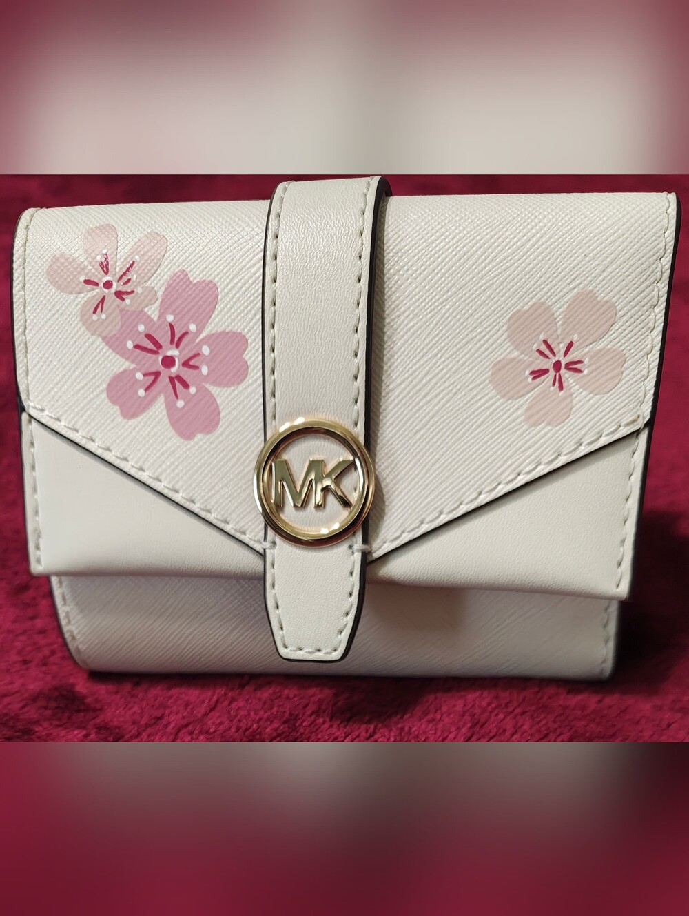 Michael Kors White Floral Leather Wristlet with Gold MK Emblem